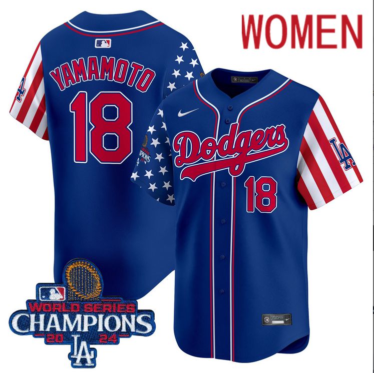 Women  MLB Los Angeles Dodgers #18 Yamamoto American Style blue 2024 World Series Champions  Limited Jersey->women mlb jersey->Women Jersey